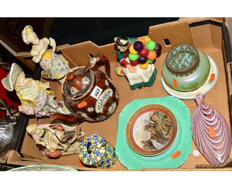 A BOX OF CERAMIC ITEMS, to include a Bargeware tea pot dated 1879, continental figures of a man and woman in historical dress