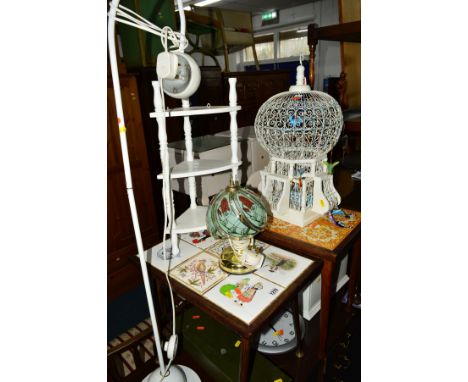 A QUANTITY OF OCCASIONAL FURNITURE, to include two tile topped occasional tables, jewellery chest, bird cage, etc (10)