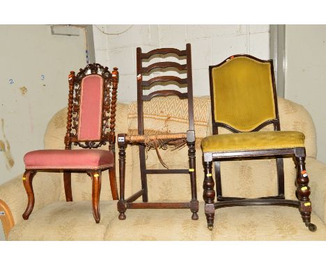 A VICTORIAN WALNUT BARLEY TWIST HIGH BACK CHAIR, together with three other chairs and a Georgian oak square topped tripod tab