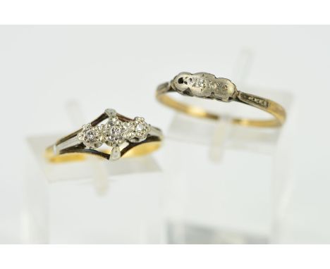 TWO THREE STONE DIAMOND RINGS, the first designed as a central brilliant cut diamond and two outer single cut diamonds, all w