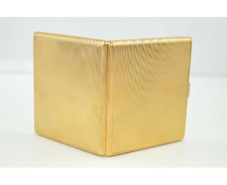 A 9CT MID-20TH CENTURY GOLD CIGARETTE CASE measuring approximately 93mm x 83mm, case engine turned, engraved to the inside wi