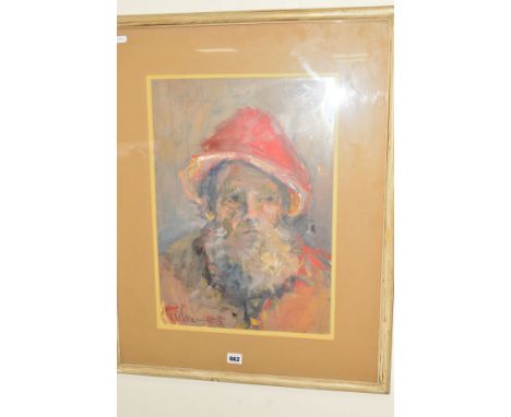 A HEAD AND SHOULDERS PORTRAIT OF AN ELDERLY MAN WEARING A RED HAT, indistinctly signed (Richards ?) bottom left, gouache/wate