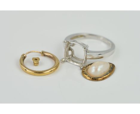 A 9CT WHITE GOLD RING MOUNT AND SOME JEWELLERY PIECES, the ring mount with a vacant square four claw setting, 9ct gold hallma