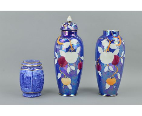 A PAIR OF BLENHEIM ART WARE LUSTRE COVERED VASES, approximate height 30cm (one missing lid and hairlines), together with a Wa