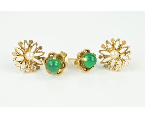 TWO PAIRS OF GEM SET EARRINGS to include a green dyed agate cabochon cut stud, a floral design stud set cultured pearl centre