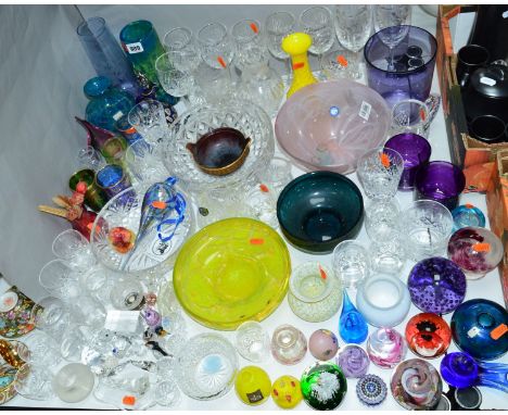 A QUANTITY OF CUT/COLOURED GLASSWARE, to include Mdina yellow bowl and two green/blue vases, Caithness 'Poppy' paperweight, A