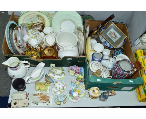 TWO BOXES AND LOOSE CERAMICS, GLASS, BAROMETER ETC, to include Aynsley 'Orchard Gold' covered urn, height 16cm, Coalport 'Chr