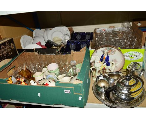 THREE BOXES AND LOOSE CERAMICS, GLASS, METALWARE, etc to include three piece EPNS tea service, Mason's 'Christmas Village' pi