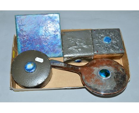 A GROUP OF PEWTER DRESSING TABLE BOXES, silver plated hand mirror and Ruskin tile (5)