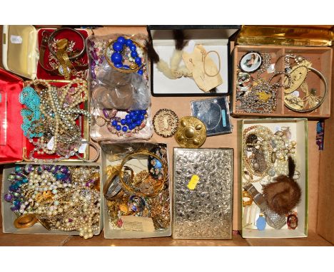 A BOX OF MAINLY COSTUME JEWELLERY, to include a lady's gold plated Tissot watch, a hinged silver bangle, a small oval locket,