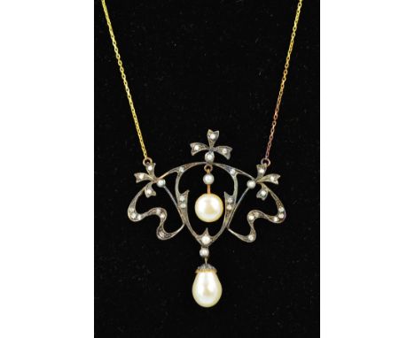 FANCY OPEN WORK DESIGN DIAMOND, cultured fresh water pearl and simulated pearl pendant (assessed as gold plated on silver) fi