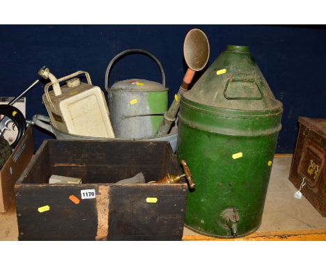 A GALVANISED TWIN HANDLED BUCKET, watering can, an enamel jerry can and a wooden crate with two vintage oil pumps (5)