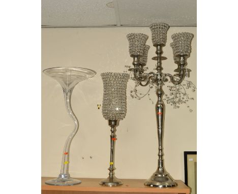 A LARGE TABLE LAMP, shaped as five arm chandelier, approximate height 1 metre, together with a similar lamp shaped as single 