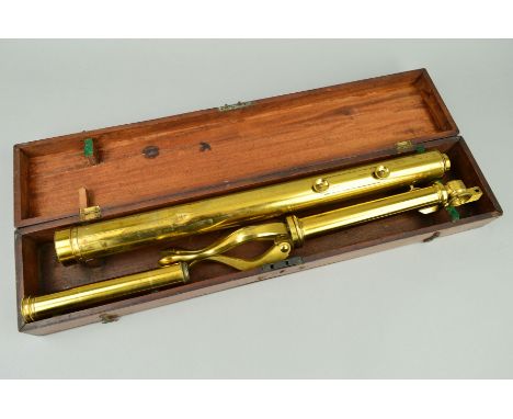 A LATE 19TH CENTURY DOLLOND OF LONDON BRASS LIBRARY TELESCOPE, bears name to end of main body, overall length approximately 7