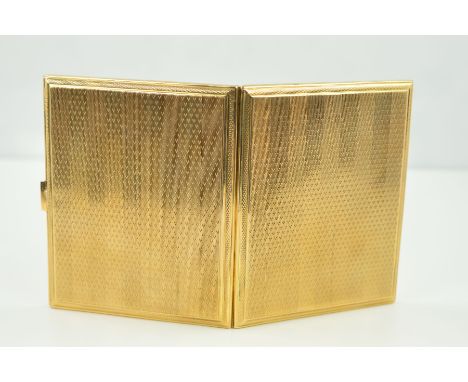 A 9CT EARLY TO MID 20TH CENTURY GOLD CIGARETTE CASE measuring approximately 100mm x 82mm, case engine turned, engraved to the
