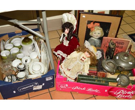 TWO BOXES OF TABLEWARES AND SUNDRY ITEMS, to include Denby Rochester, Japanese teaset, porcelain collectors dolls, manor pewt