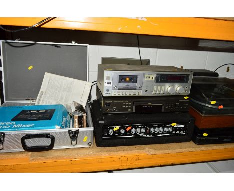 A QUANTITY OF AUDIO EQUIPMENT, comprising of a Technics cd player, Calsbro cobra 1300 amp, a tape deck, realistic stereo mixe
