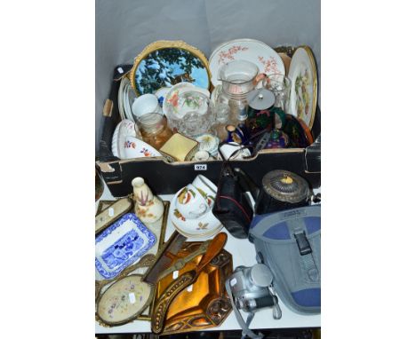 A BOX AND LOOSE CERAMICS, GLASS, SUNDRIES ETC, to include Petit Point dressing table set, Royal Stanley 'Jacobean' ware, came