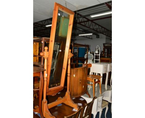 A PINE CHEVAL MIRROR, an oak firescreen and a single chair (3)