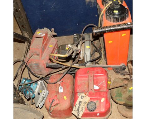 A BLACK &amp; DECKER CIRCULAR SAW, a Makita sander, Clarke jumbo air compressor, a insecticide backpack pump sprayer, two met