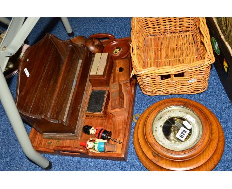 A BAILEY, 14 BENNETS HILL, BIRMINGHAM BAROMETER, a tray of sundries to include letter rack, playing cards, disk calendar, wic