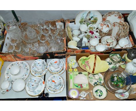 THREE BOXES AND LOOSE CUT GLASS, CERAMICS ETC, to include Carltonware, Masons, Aynsley, Poole, Colclough, etc 