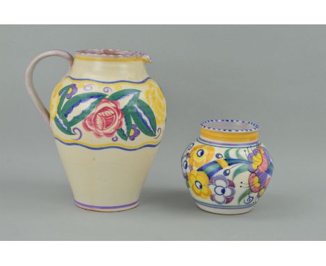CARTER STABLER ADAMS POOLE POTTERY VASE AND JUG, both florally decorated, height of vase 11.5cm and jug 20.5cm (chips to base