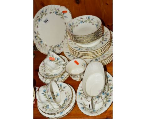 ROYAL ALBERT 'BRIGADOON' PART DINNERWARES, comprising cake plate, six 27cm plates, six 20.5cm plates, six cereal bowls, gravy