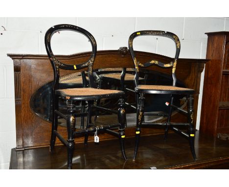 A PAIR OF VICTORIAN EBONISED AND MOTHER OF PEARL INLAID CANE SEATED CHAIRS