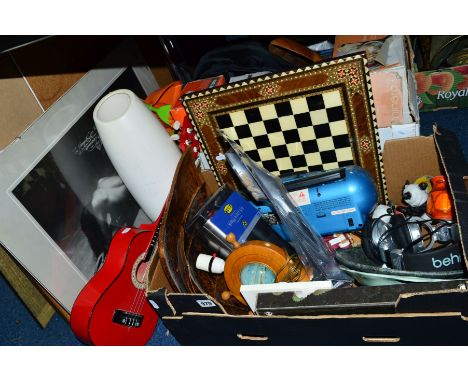 TWO BOXES AND LOOSE SUNDRY ITEMS, to include a Yamaha FG-25 Ukulele, Black &amp; Decker sander, Poole Pottery vase, kitchen s