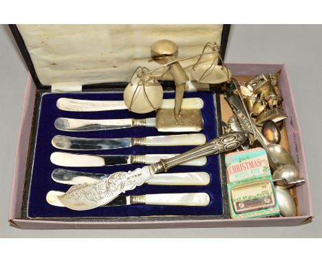 A SMALL COLLECTION OF GEORGIAN AND LATER SILVER TEASPOONS, condiment spoons, white metal figures, cased mother of pearl handl