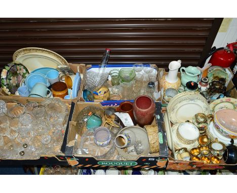 SIX BOXES OF CERAMICS, GLASS ETC, to include Poole pottery (s.d), Royal Doulton (The Romance Collection), 'Juliet' H5077 dinn