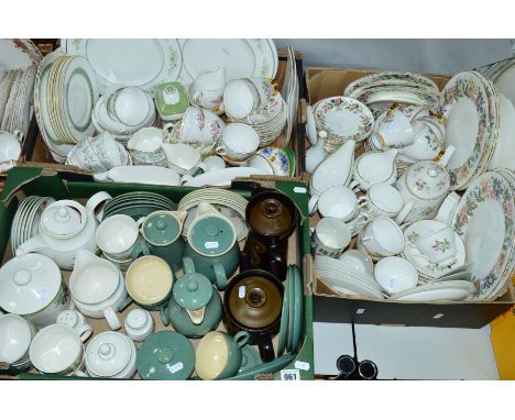 THREE BOXES TEA/DINNERWARES, to include Wedgwood 'Hathaway Rose', Paragon 'Country Lane', Royal Albert 'Silver Maple', Worces