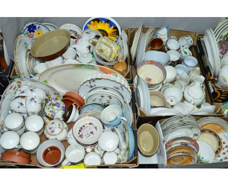 FOUR BOXES AND LOOSE TEA/DINNERWARES ETC, to include Portmeirion, Denby, Worcester, Wedgwood, Foley china etc