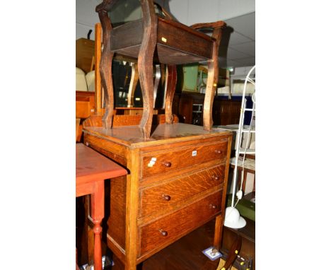 AN OAK THREE DRAWER DRESSING CHEST with a single mirror, four Ercol chairs, an Edwardian stool, a folding table screen and tw