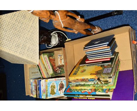 TWO BOXES AND LOOSE SUNDRY ITEMS, to include carved lamp base with shade, Rupert the Bear annual, 1968 to 1973 (1973 has whit