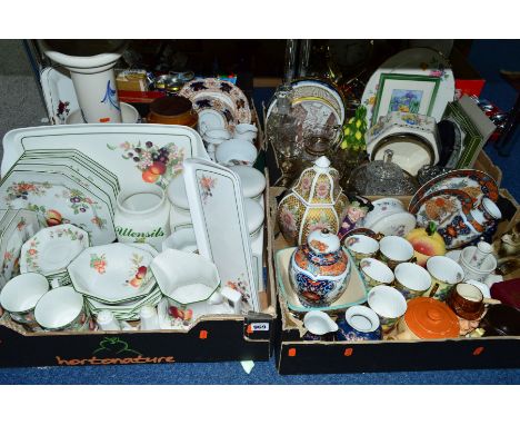 FOUR BOXES OF CERAMICS, GLASS ETC, to include Johnson Brothers 'Fruit' dinnerwares, Sylvac 'Pork Dripping' pot, Carltonware '