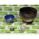 Decorated brass bowl with rose pattern, Small chrome plated cobalt blue sugar bowl & more