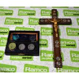 Vintage iron, brass, chrome cleaning set in case - religious & Small decorative crucifix cross