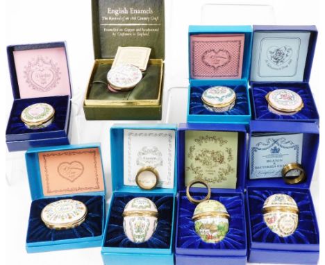Various boxed English enamel pill boxes, to include Easter 1977, egg shaped, other, St Valentines Day 1980, Halcyon Days and 
