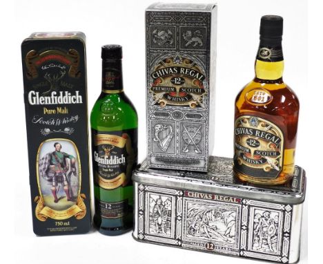 Two bottles of Scotch whisky, to include a Glenfiddich single malt aged twelve years, in collectors tin, a Chivas Regal premi