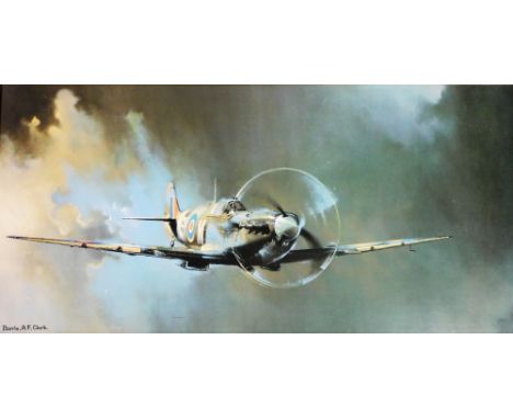 After Barrie A.F Clark. The Spitfire, mounted print in oak frame, with plaque, 48cm x 102cm.
