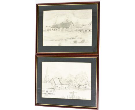 John Rawes. Farm landscape, pencil sketch, a pair, 29cm x 40cm, signed and dated 73?, framed and glazed. 