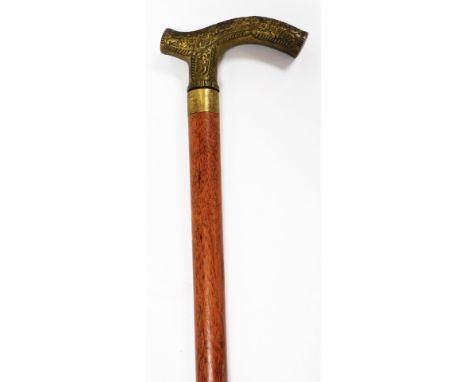 A brass handled walking stick, with screw on top opening to reveal glass, on three screw brass section, 91cm long.