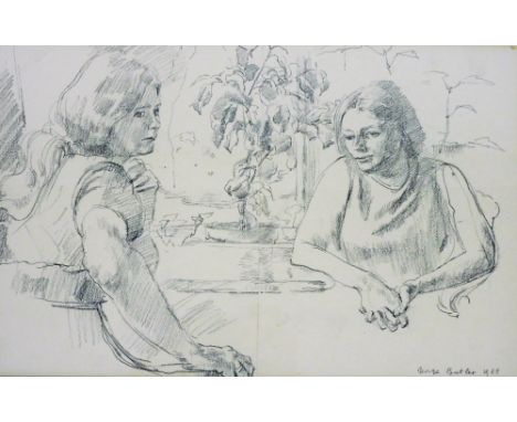 George Butler (21stC School). Two figures in garden with flowers, pencil sketch, signed and dated 1968, 28cm x 27cm, framed a