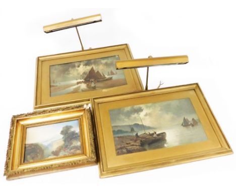 After F. Arnold. Print of masted ships, in gilt ornate frame with light, a pair, and another mountainous landscape print in a