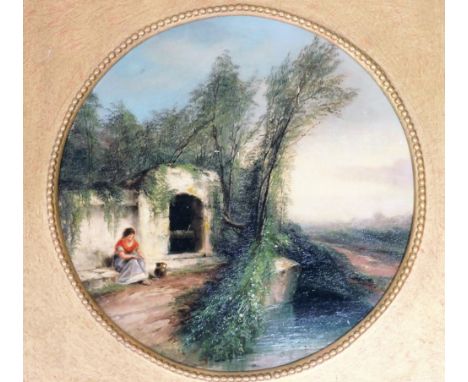 Sarah Louise Kilpack (1840-1909). A young woman with a water pitcher seated at a well, oil on circular canvas, signed (left h