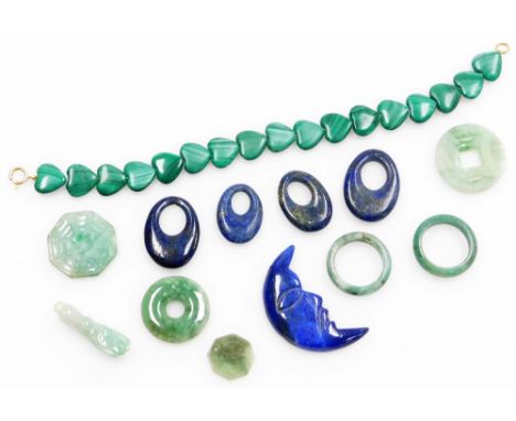 A group of jade, lapis and malachite jewellery, to include light jade dress rings, malachite heart shaped bracelet with 9ct g