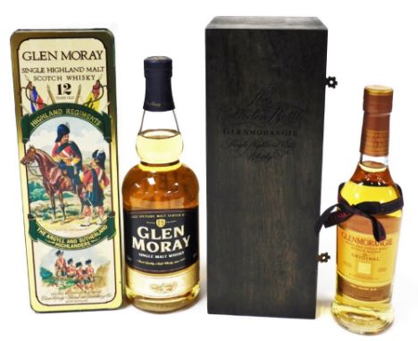 Two bottles of whisky, to include a Glen Moray scotch whisky in Culloden collectors tin and a Glenmorangie 35cl 10 year old s