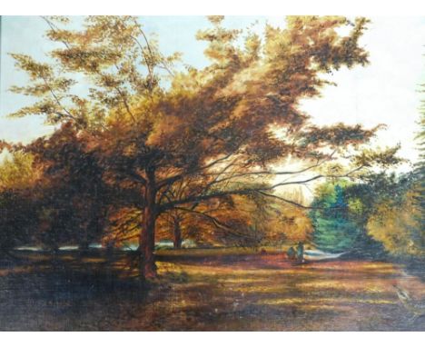 M. Francis (20thC School). Autumnal woodland scene with wren and figures, signed and dated 1969, oil on panel, 54cm x 75cm, i